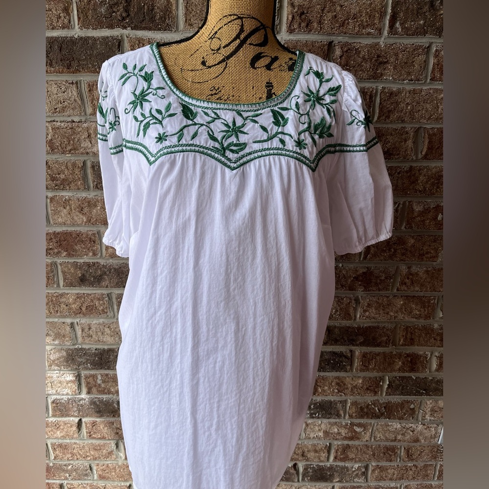 Talbots White Embroidered Top with Green Accents
